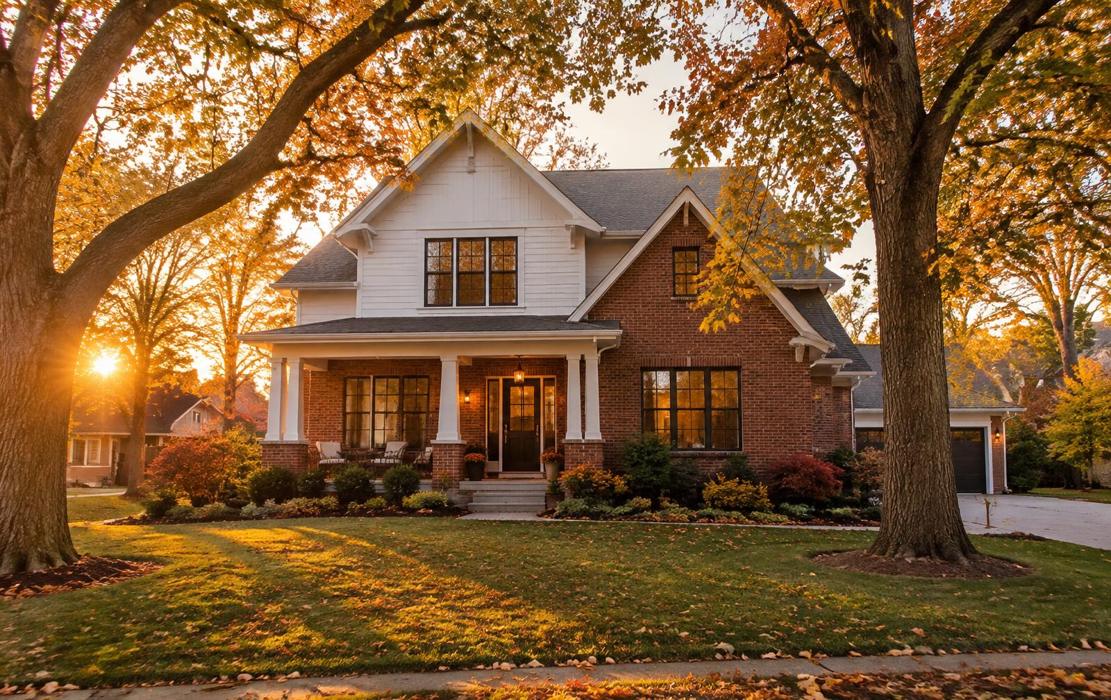 Brick craftsman home in Zionsville in autumn